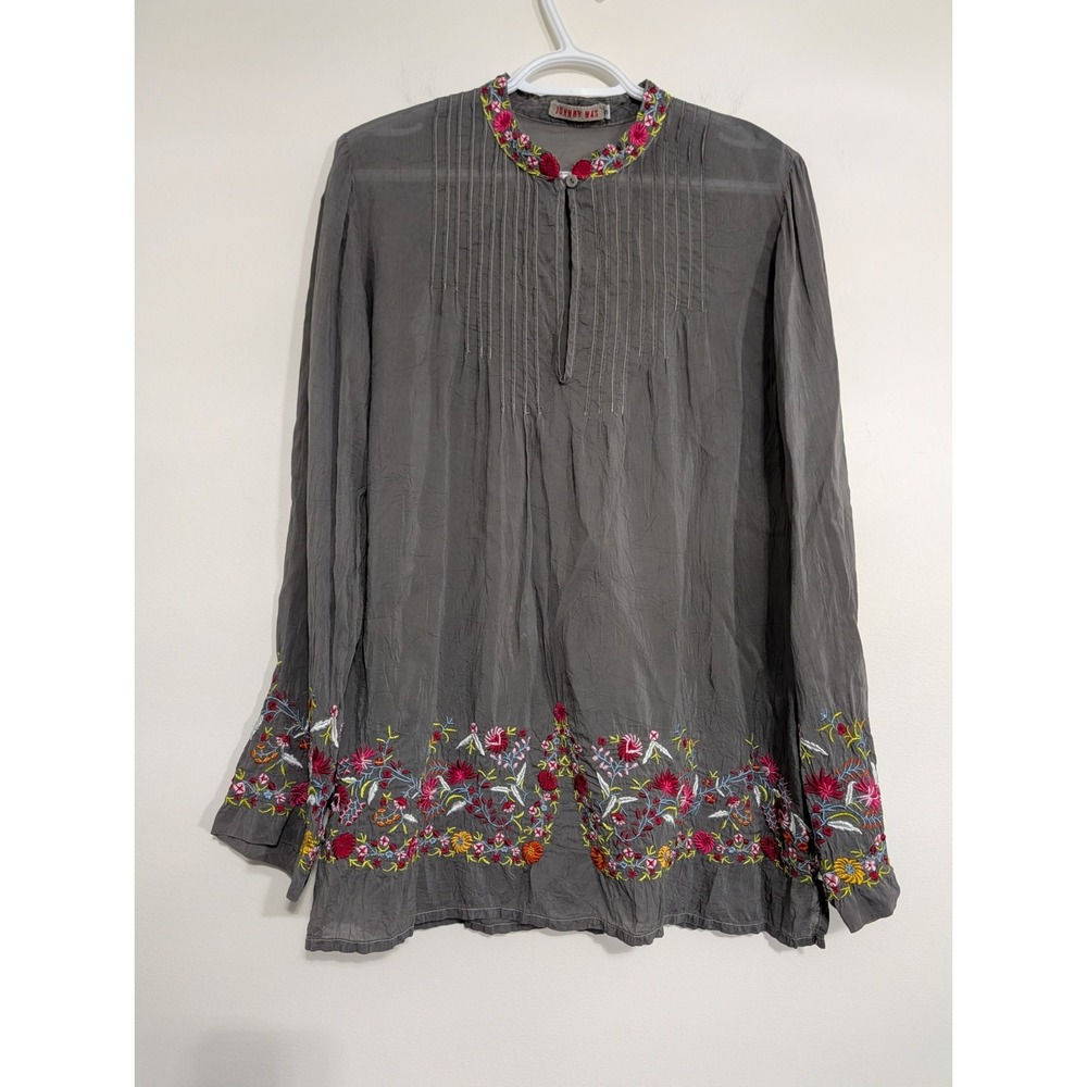 Johnny Was Women's Small Green Embroidered Floral Tunic Top Blouse Shirt USA